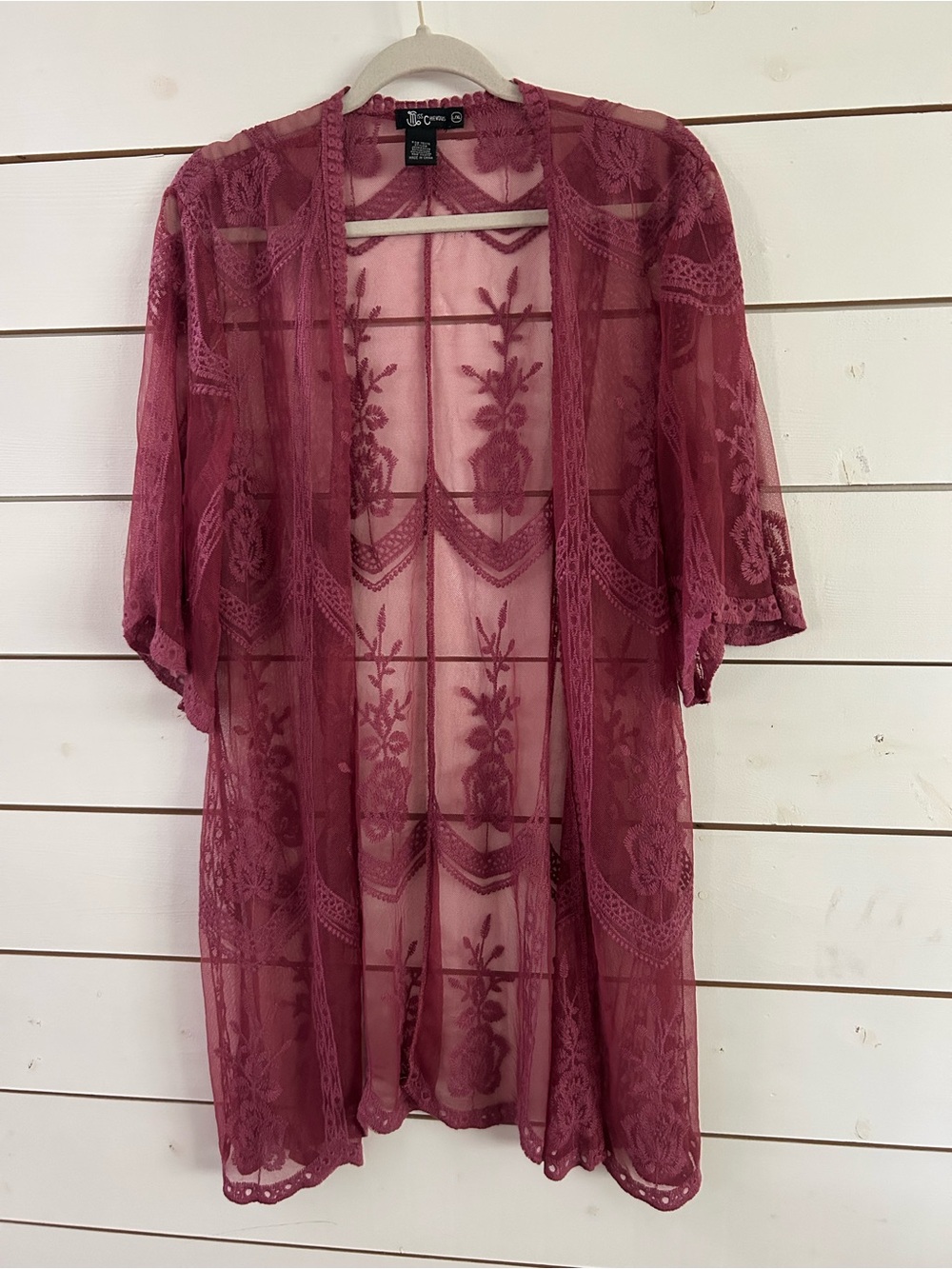 Miss Chievous Women's Burgundy Lace Sheer Kimono Cover-Up Size L/XL